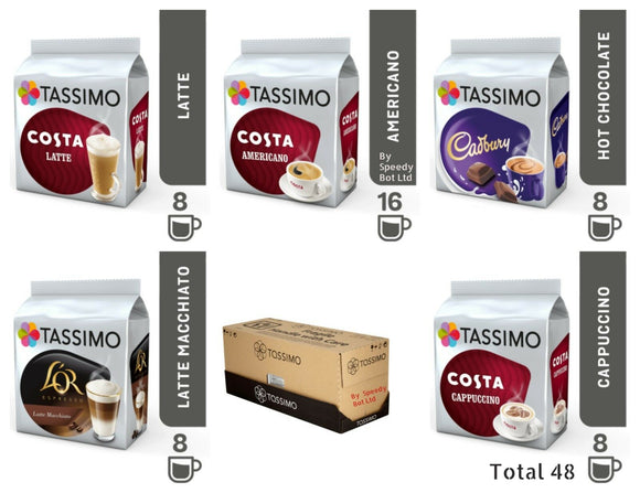 TASSIMO T Discs Refill Pods Costa Coffee Latte Cappuccino Americano Cadbury 48