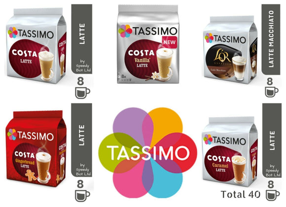 TASSIMO T Discs Pods Costa Latte Caramel Vanilla Gingerbread Variety Box 40 Set