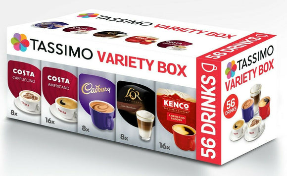 TASSIMO T Discs Pods Coffee Latte Cappuccino Americano Cadbury Variety Box 56