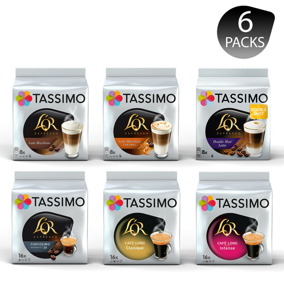 Tassimo LOR Variety Bundle Latte/Double Shot/Caramel/Café Long 6 Packs 72 Cups