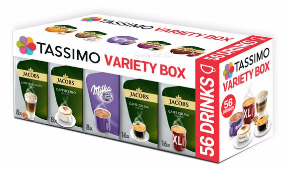 TASSIMO JACOBS Variety Box 56  T Discs Pods Coffee Latte Cappuccino Caffe Crema