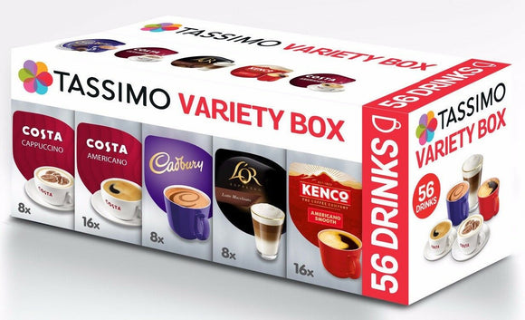 TASSIMO T Discs Pods  Variety Box 56  24Hrs Latte Cappuccino Americano Cadbury