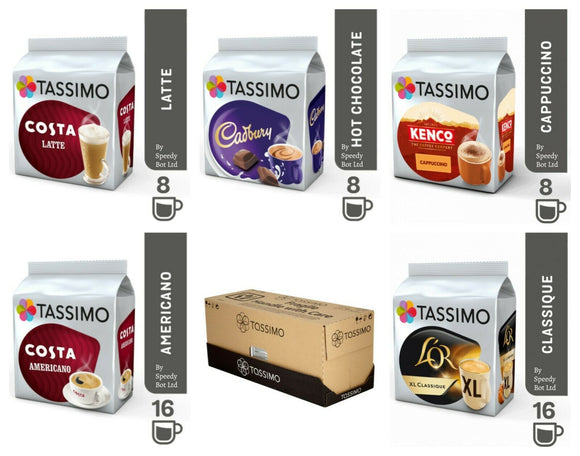 TASSIMO T Discs Pods Coffee Latte Cappuccino Cadbury Americano Variety Box 56