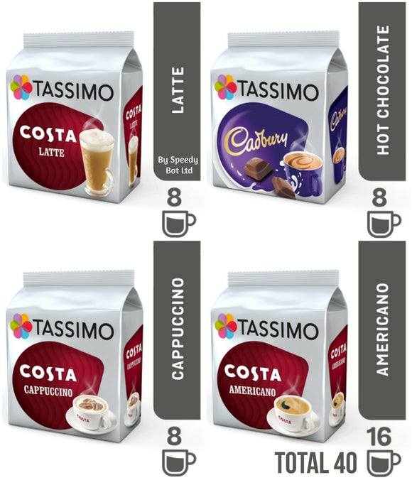 TASSIMO COSTA Variety Pack Box Cappuccino Latte Americano Cadbury Pods 40 Cups