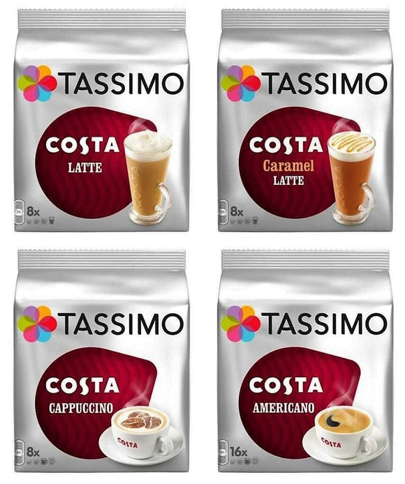 Tassimo Costa 4 Pack - Latte Caramel Cappuccino Americano 64 T Discs Pods 40 Cup