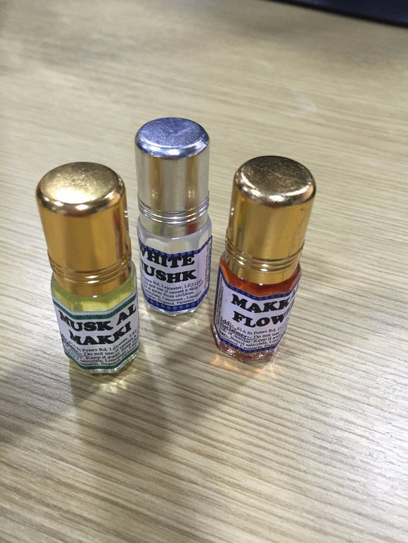 MUSK AL MAKKI,MAKKAH FLOWER&WHITE MUSK SET OF 3  FREGRENCE OIL/ATTAR FOR MEN